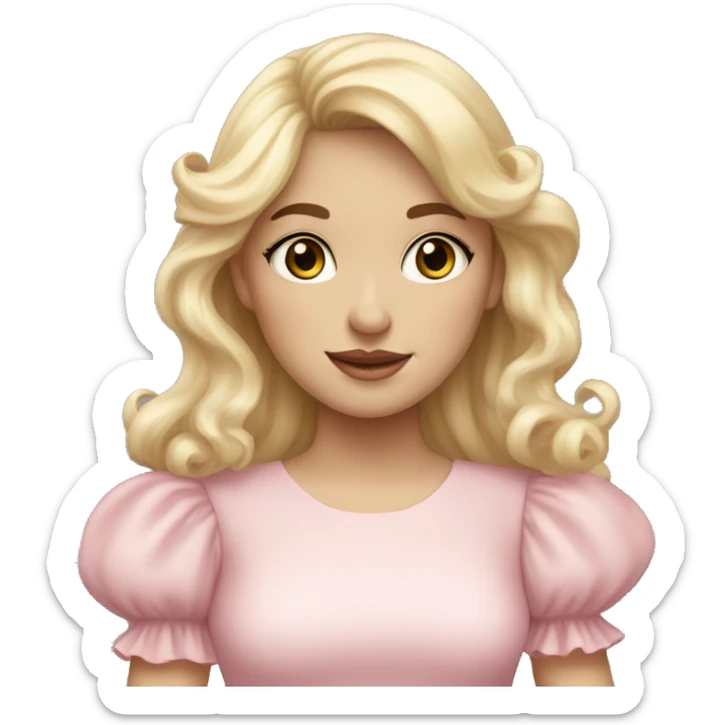 Blonde, pale girl with bangs and long, curly hair and a pastel pink puff sleeve dress sticker