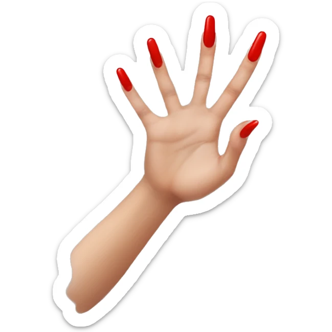 woman hand pointing index finger, red nail varnish. top of the hand is showing sticker