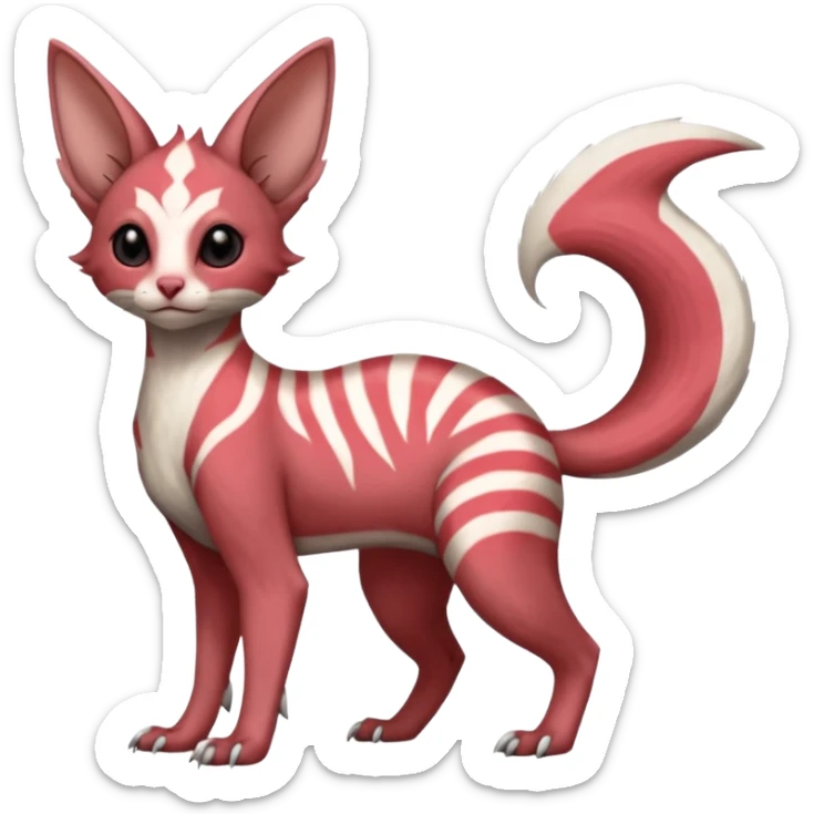 Minccino-Lykoi-Emolga-Sphynx--Zangoose-fusion-hybrid-animal-Fakémon-creature, full body, thin long sleek scaly tail, intricate markings sticker