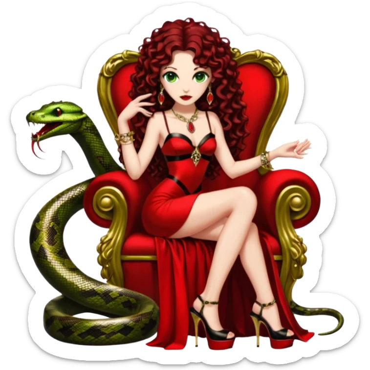 Lilith green eyes, symbol seductress evil brown curly long hair haired, sexy succubus woman with red and black Chanel dress on. A red and black stiletto platform high heel shoes on. sitting on a Black and gold throne. A giant snake sitting beside her. Red rubies and black diamonds surround them both sticker