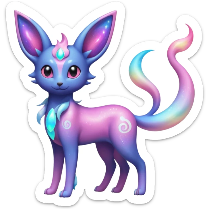 Shiny Iridescent Nebulae Espeon-Umbreon-Sylveon-Dragonair-Fakémon-hybrid-creature (full body)  with a galaxy-dust-flowing-gradient-tail sticker