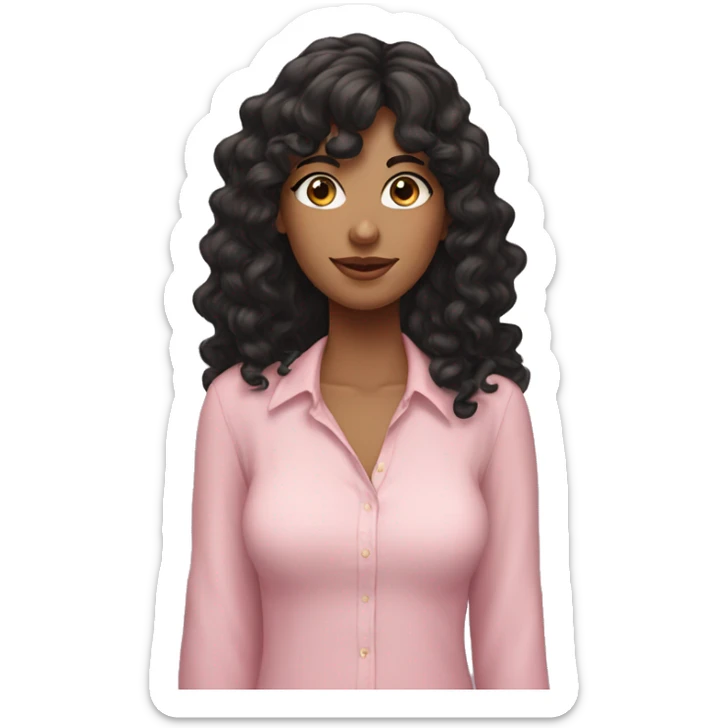 woman with long black curly hair and bangs and dark brown eyes, wearing a pastel pink blouse sticker