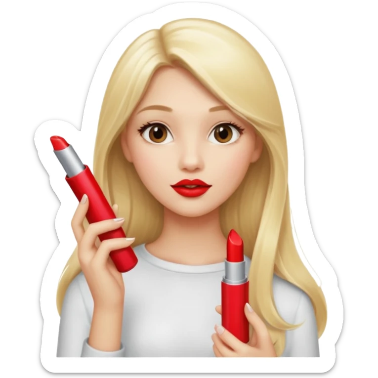a girl with blonde long hair is holding lipstick on her hand  sticker