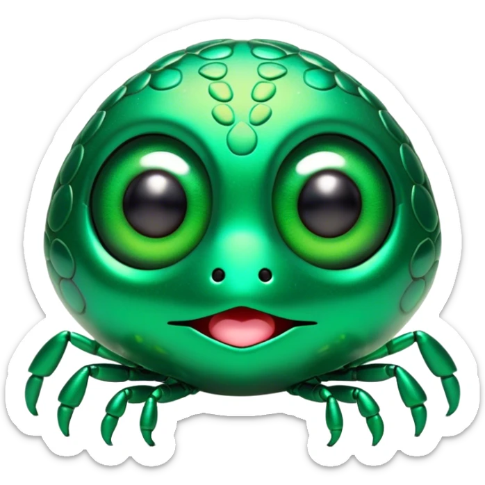 Cinematic Cute Green Bugdie Portrait Emoji, Head tilted playfully and inquisitively, featuring a glossy, vibrant emerald exoskeleton with intricate patterns, round, sparkling multifaceted eyes filled with curiosity, Simplified yet irresistibly adorable features, highly detailed, glowing with a warm, friendly glow, high shine, affectionate and lively, stylized with a touch of whimsy, bright and endearing, soft glowing outline, capturing the essence of a mischievous yet charming bug, so playful it feels like it could buzz out of the screen and into your arms! sticker