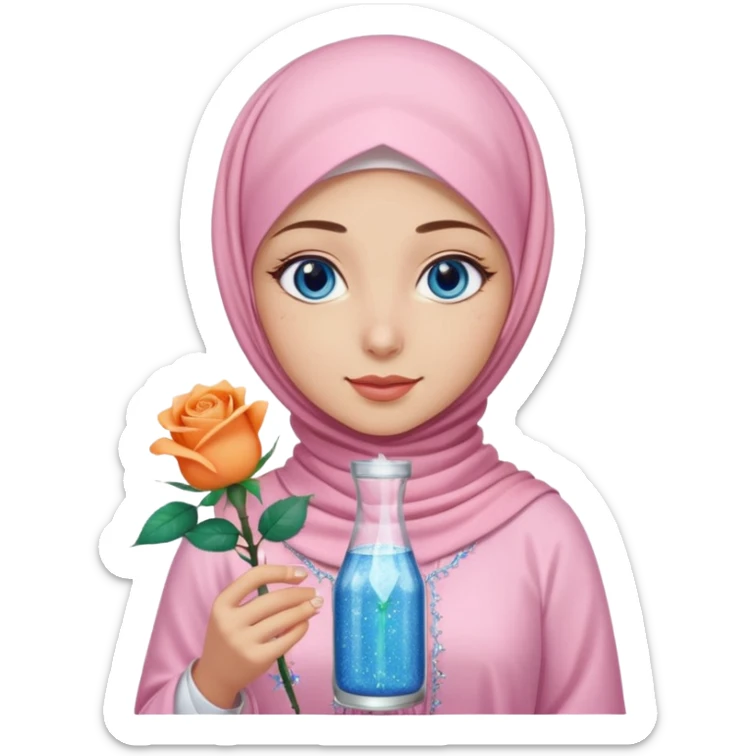 Turkish beautiful finish Konya girl blue eyes with light pink hijab islamic dress and had on her hand Glittery rose mocktail with orange light pink roses sticker