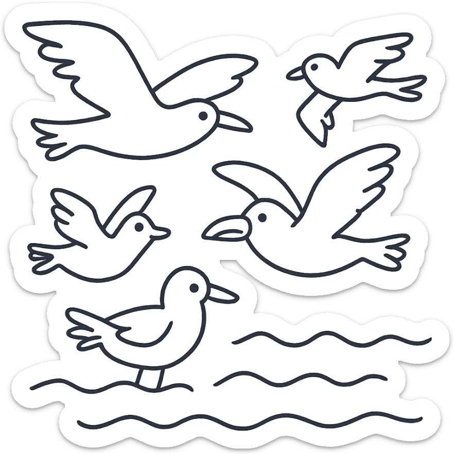 Cartoon coloring book for children. Fly over the sea birds of various species. Black and white line vector illustration. sticker