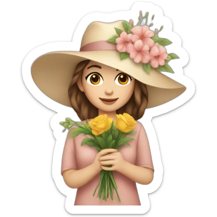 white skin, Girl with a hat, brown hair straight to the shoulders, holding a bouquet of flowers sticker