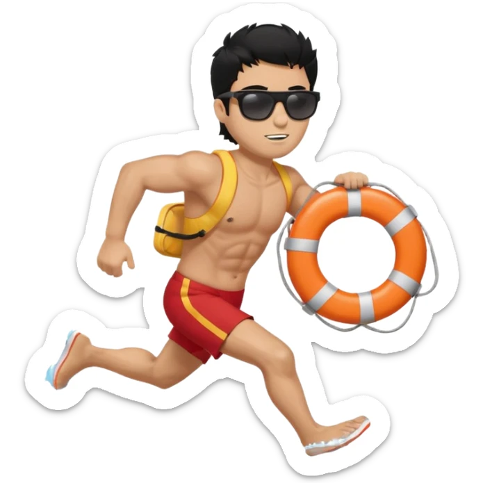 Dark Tan Muscular lifeguard with messy black hair with sunglasses running with life preserver sticker