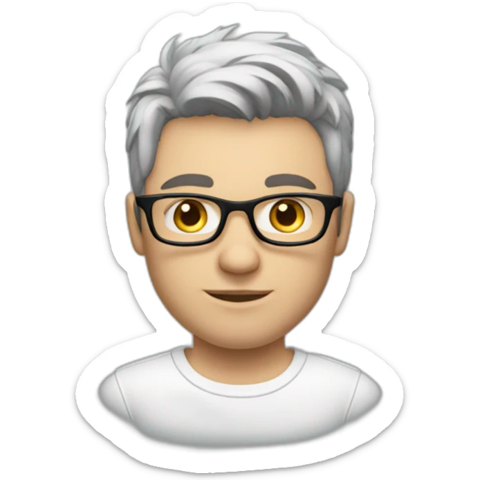 young white European guy with a white polo and black hairs and metal glasses sticker