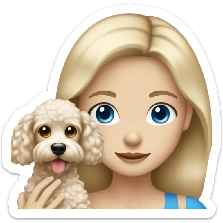 Blonde girl with blue eyes holding poodle with brown and white hair sticker