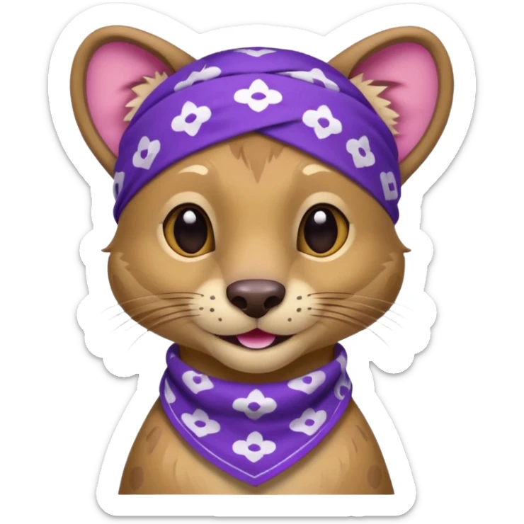 
Fossa animal wearing a bandana on the forehead in purple color with white smiley patterns sticker