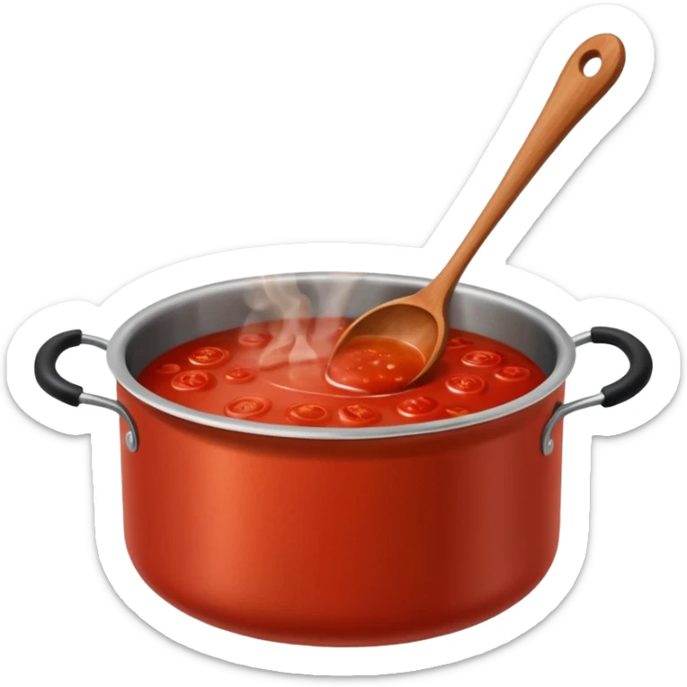 Big cauldron of tomato sauce being cooked in a tall stainless steel pot with a massive wooden spoon   sticker