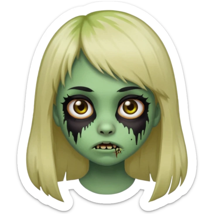 Girl with black hair and raccoon blonde streaks, bangs, light skin, zombie version, pale green skin, emoji style. sticker