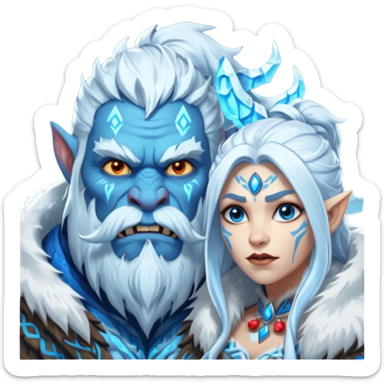 Legendary fantasy orc Christmas portrait icon, Frostfather and Snow Maiden inspired, primal winter god style, massive icy beard, glowing blue eyes, heavy fur coat, tribal frost runes, powerful brutal presence, blizzard atmosphere, clean stylized emoji icon
 sticker