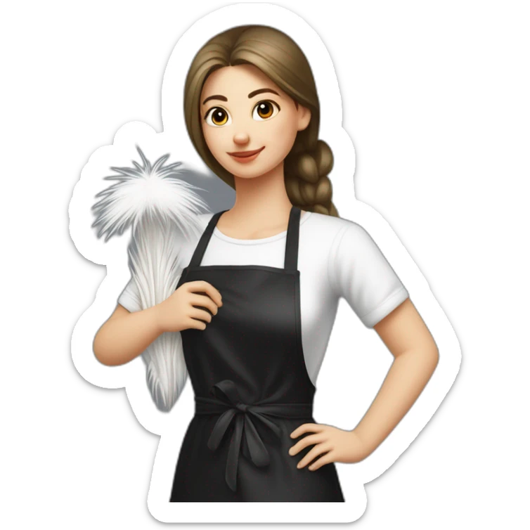 Slavic girl in a white T-shirt and a black apron holds ostrich feathers for dusting sticker