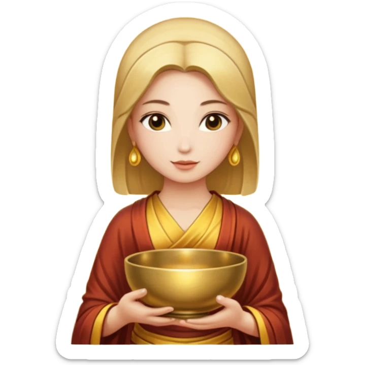 A woman holds a Buddhist bowl in her hands. There is a glow around the girl. sticker