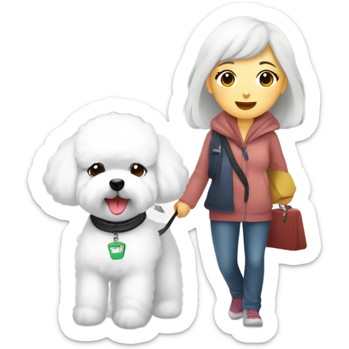A cute korean style bichon frise with a Asian woman at the airport  sticker