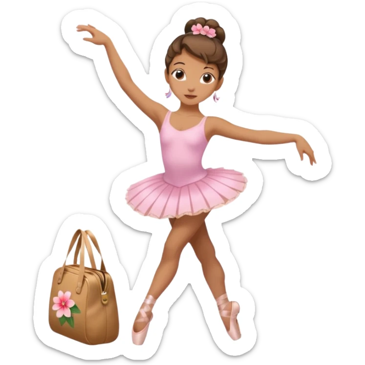 girl with a Hawaiian flower in her hair, wearing ballet pointe shoes, doing ballet with a bag, colorful background sticker