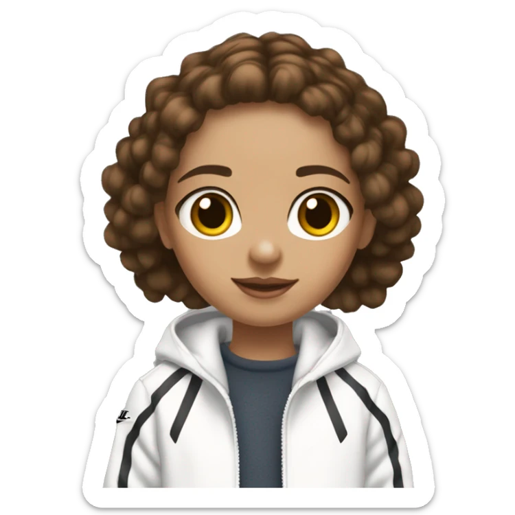 brown haired girl with highlights,  brown eyes, straight low rise jeans, white adidas track jacket, nike shox tl shoes in black sticker