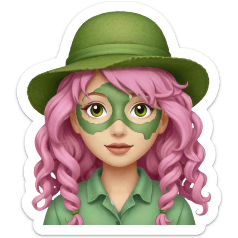 pink haired very long curly haired woman with full full face green clay mask and a hat sticker