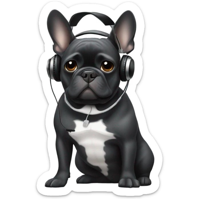 Grey hairs under chin Black Brindle French bulldog wearing headphones sticker