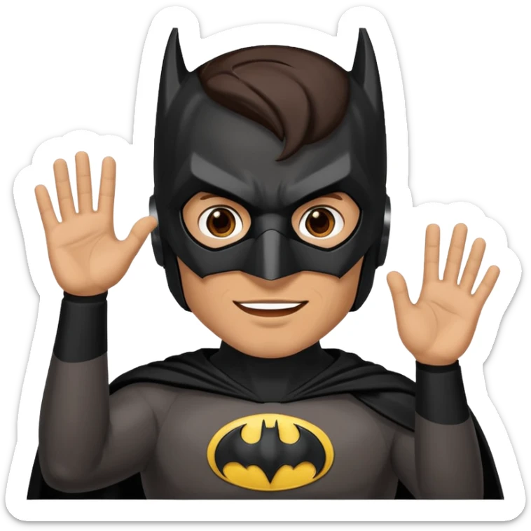 Make a man with brown eyes and dark hair in a Batman costume and mask waving "hello" sticker