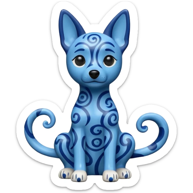The image is of a small figurine of a blue dog. The dog is sitting on its hind legs with its front paws stretched out in front of it. The body of the dog is covered in a pattern of blue and black swirls, giving it a textured appearance.  sticker