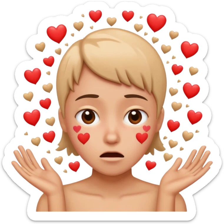 person overwhelmed by a shower of hearts, slightly anxious expression, symbolizing love bombing emoji sticker