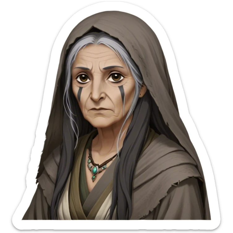 Mirri Maz Duur is a weathered, old Lhazareen woman with deep-set dark eyes, high cheekbones, and a sharp nose, giving her a stern, knowing expression. Her long, unkempt dark hair streaked with gray falls loosely over her shoulders, and her earth-toned, tattered robes mark her as a humble healer. Despite her frail appearance, she exudes an aura of mystery and menace, her hands stained with herbs and blood from both healing and dark sorcery. sticker