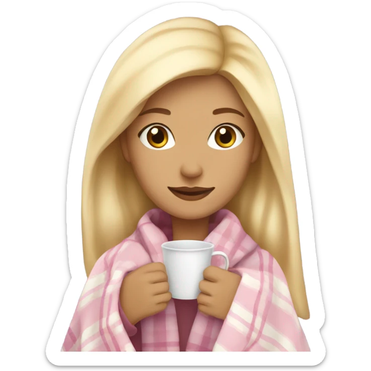 A blonde girl covered in a plaid light pink blanket sipping hot tea sticker