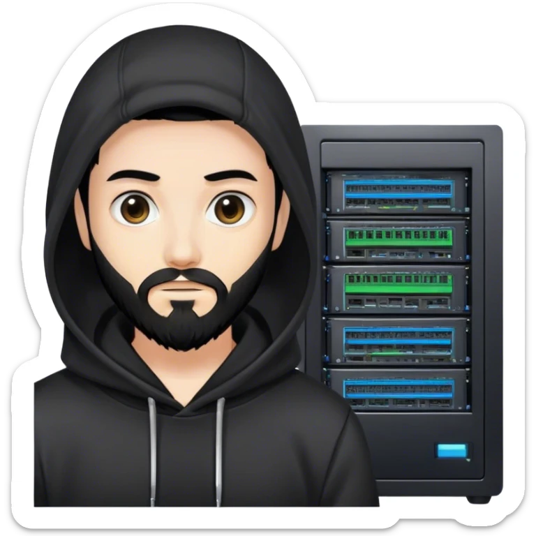 hackeur blanc cheveux noir barbe et capuche noir à côté d'un server ia sticker