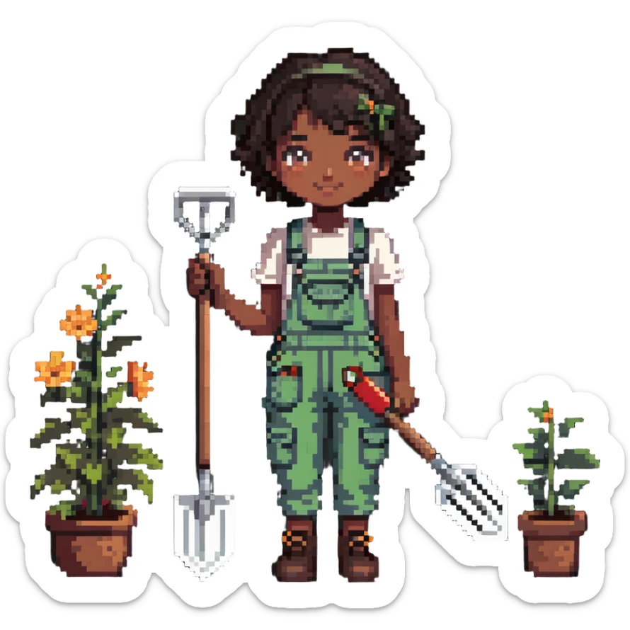 Beautiful brown skin girl with dark short hair wear garden overalls holding garden tools sticker