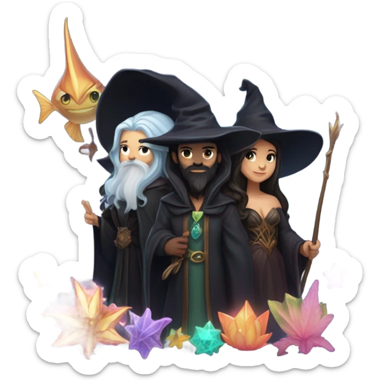 A group of 5 friends, consisting of a female witch, a female wizard, a male merman, a female fairy, and a female siren sticker