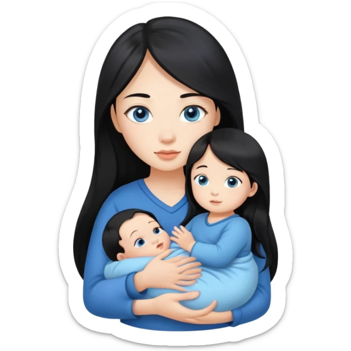 Beautiful Asian girl with long black hair holding baby boy with blue eyes in her arms sticker