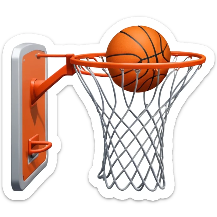 A close-up of a basketball shield and hoop with the ball swishing through the net, captured mid-air. The background emphasizes the tension and excitement of the moment, with the rim and net in sharp focus, showcasing the precision and skill of the sport. sticker