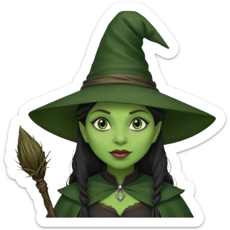 elphaba the wicked witch from wicked movie (cynthia erivo) dark long textured hair, thick lips, green skins, witch hat, witch broom sticker