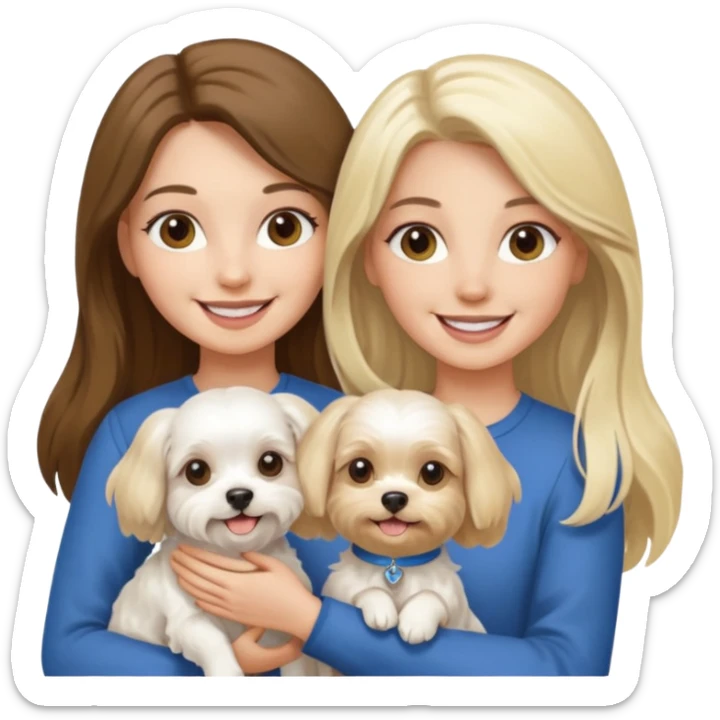 two women holding one Maltese dog one is brunette the other is blonde long haired  sticker