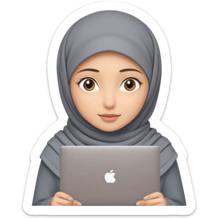 A girl wearing a gray hijab and with hazel eyes is carrying a laptop, not a laptop, just a regular laptop. Not mat bock  sticker