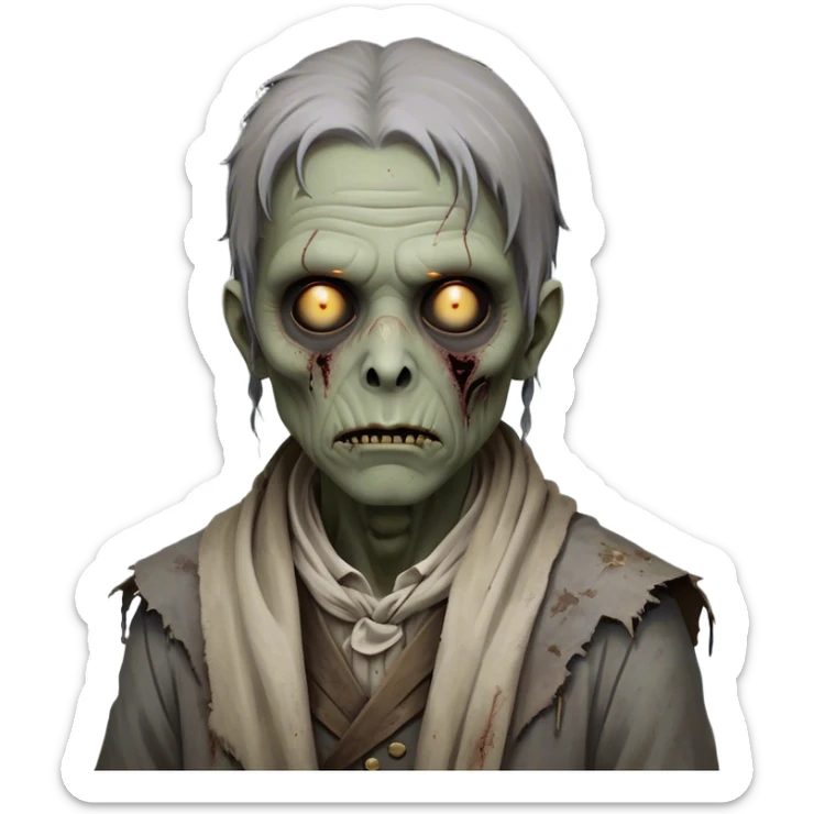 Cinematic Noble Zombie Portrait Emoji, Surprisingly dignified and somber, with a decaying yet strangely regal visage in ashen grays and muted tones, draped in tattered attire hinting at a lost grandeur, simplified yet meticulously detailed, glowing with a soft, eerie radiance and a gentle outline that evokes the tragic nobility of the undead! sticker