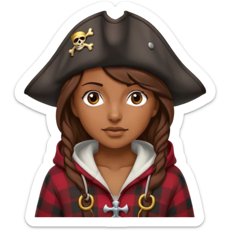 A woman that has brown hair and it wearing a pirate hat. She has a plaid hoodie on sticker