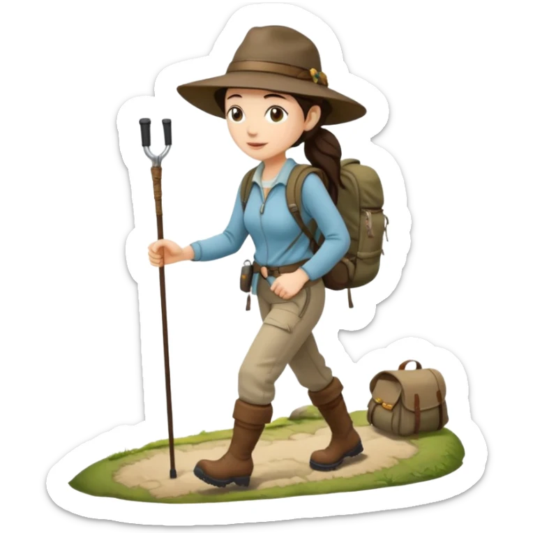 White women, long dark brown hair in ponytail with wide brim hiking hat. Walking with backpack and trekking poles.  She is a pilgrim on the Camino Frances on her way to Santiago de Compostela sticker
