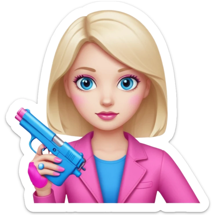 White Girl hand pink nails holding pink gun with blue eyes sticker
