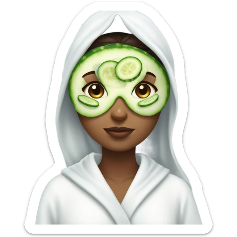 Girl with freackles Brown hair white skin and blue eyes wears Green colored  skin care mask while She relaxes and two round piece cucumber on her closed eyes In a white Robe sticker
