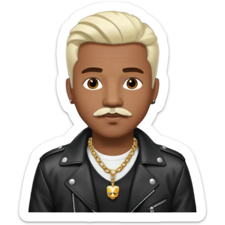 Sisqo, medium dark skin, brown eyes, platinum blonde hair and mustache, black leather jacket with chest and necklace sticker