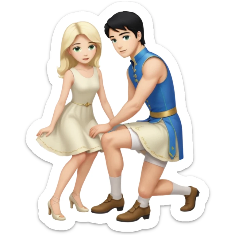 prince, upright, black Hair, blue eyes, Woman, blonde Hair, Green eyes, bending knee, sleveless White Dress, sticker