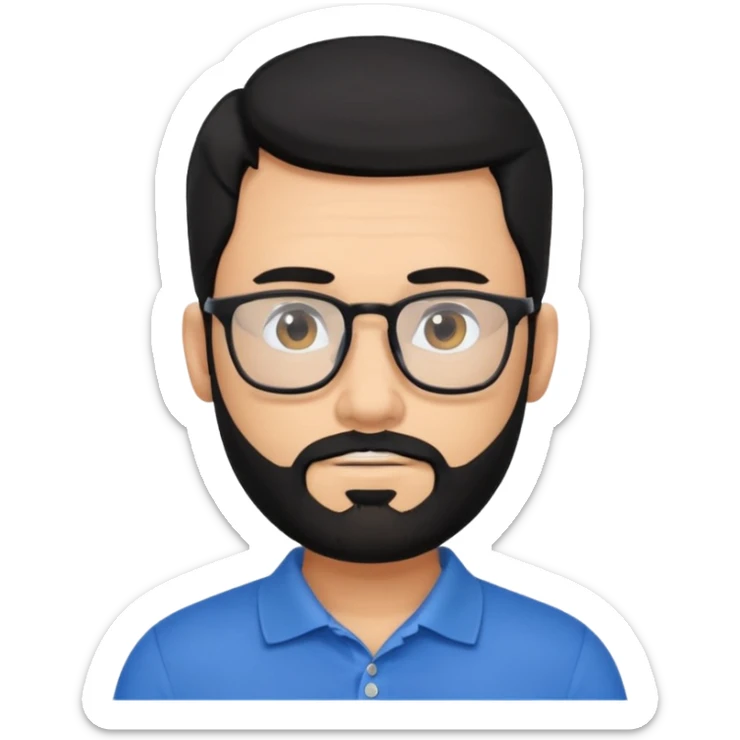 A tanned bearded man with black hair wearing glasses and a blue polo sticker