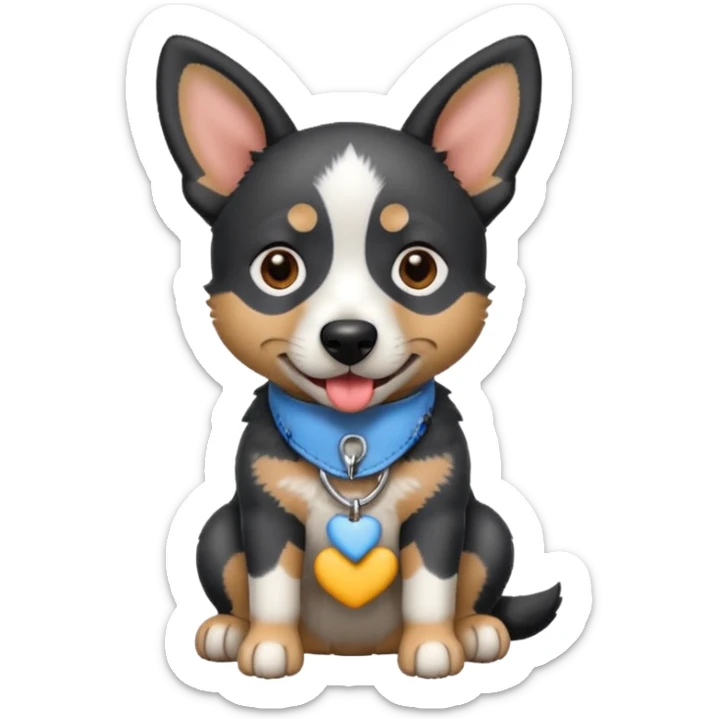black, grey, and white blue heeler dog, emoji style, sitting, tongue out, cute and approachable sticker