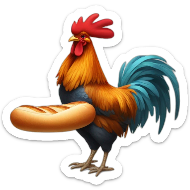 Rooster hanging a baguette under his wing and a glass of xine under the other wing sticker