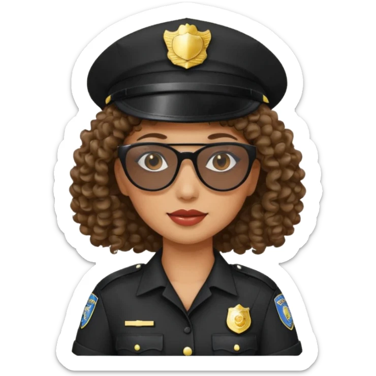 woman police wearing black dress with sun glasses curly hair and hat sticker