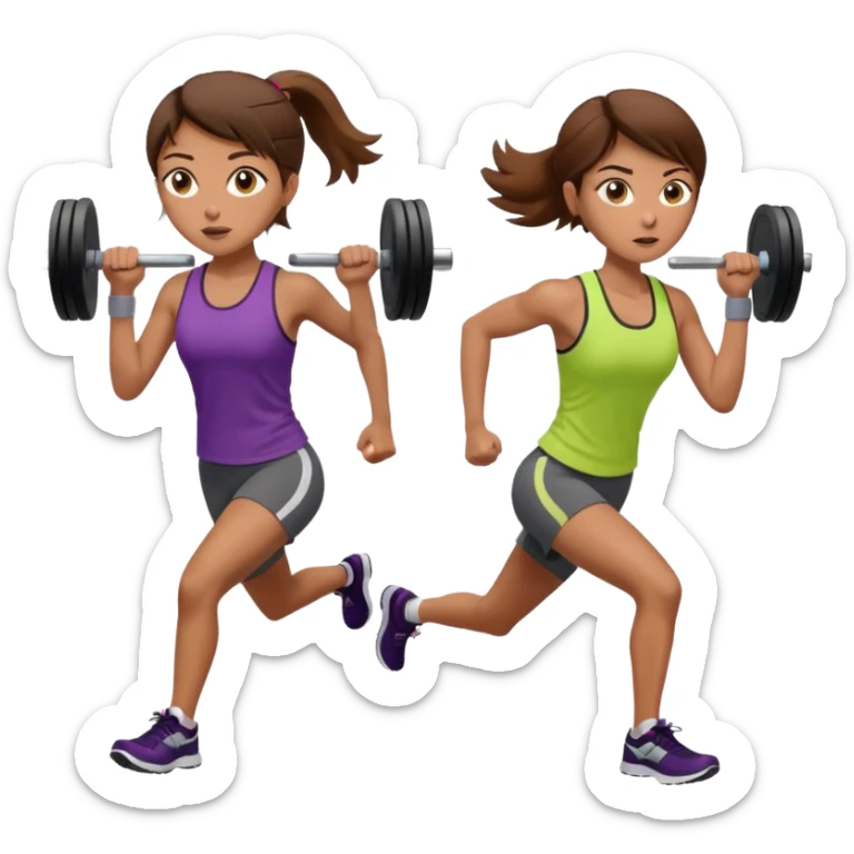 two women, one running and one lifting weights. brown hair, olive skin, hazel eyes. sticker
